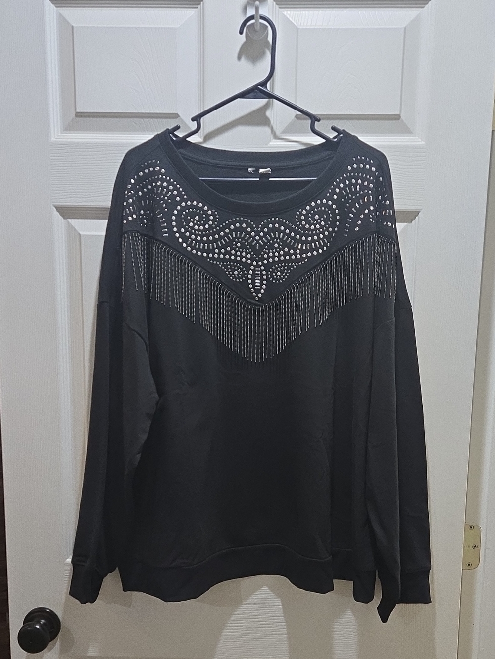 Embellished Black Long-Sleeve Fringe Top